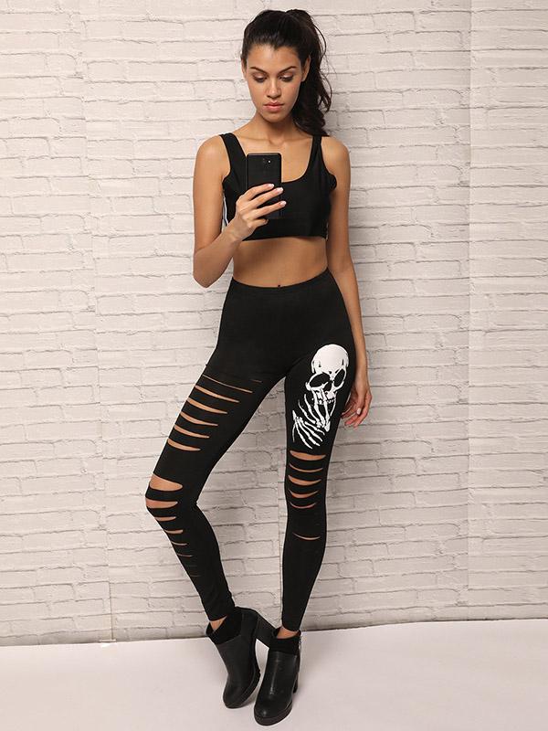 Printed Skull Hole Tight Fitting Legging