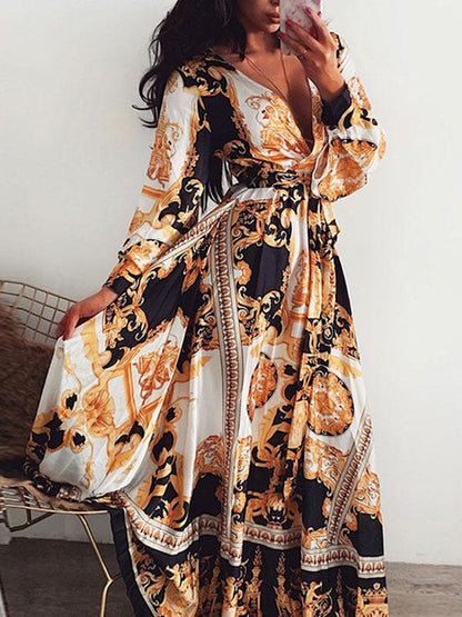 Long Sleeves V Neck Printed Maxi Dress