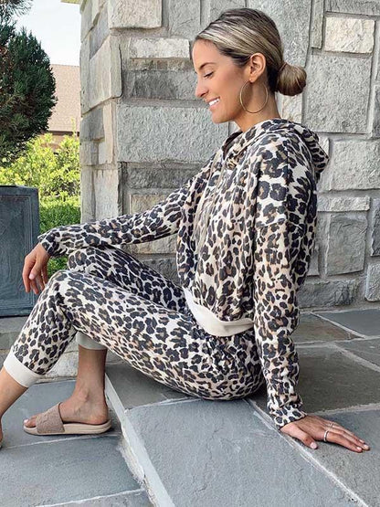 Leopard Drawstring Hoodie&Pants Suits