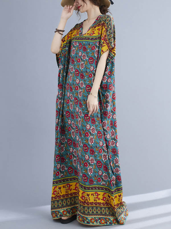Vacation Flower Print V-Neck Batwing Sleeve Maxi Dress