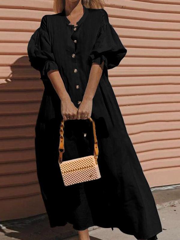 Solid Puff Sleeves Maxi Dresses