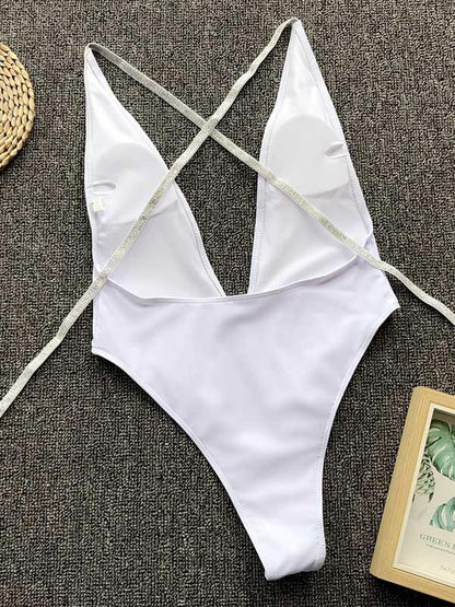 Plain Lace Up Backless One Piece Swimsuit