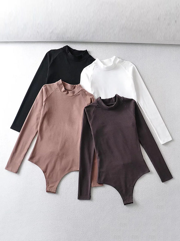 Solid Color High-Neck Long Sleeves Bodysuits
