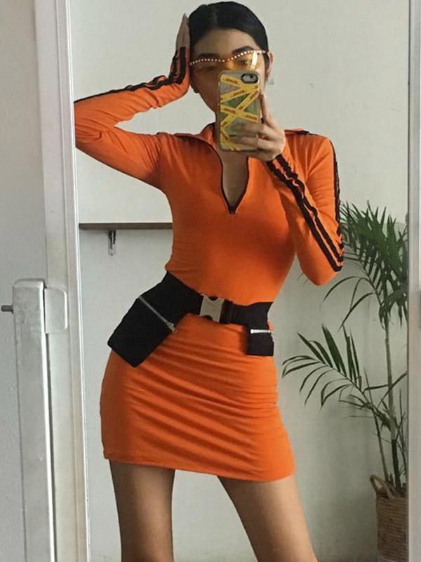 Striped Split-joint Zipper Hip-package Mini Dress