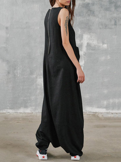 Hip-Hop Stylish Black Sleeveless With Pocket Low Crotch Jumpsuits