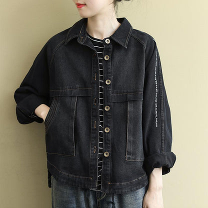 Buykud Casual Turn-down Collar Embroidered Letters Denim Coat
