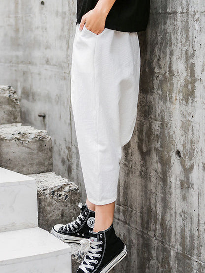 Casual Loose Ramie Cotton Solid Color Elasticity Waist Wide Legs Harem Pants
