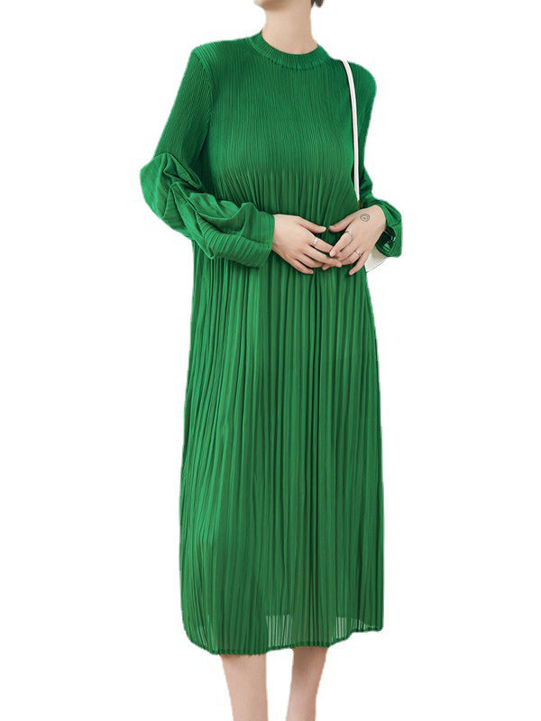 Loose Long Pile Sleeves Pleated Solid Color Round-Neck Midi Dresses