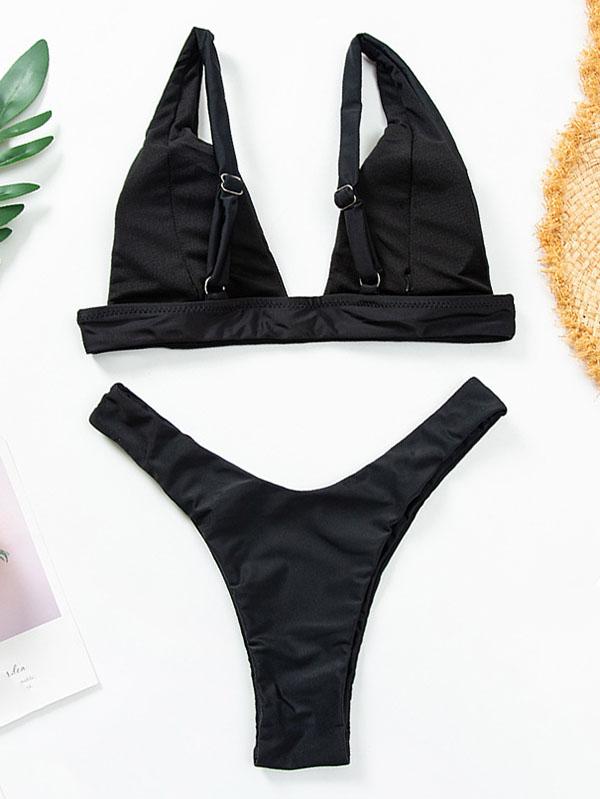 Solid Color Deep V-Neck Split Bikini Swimsuit