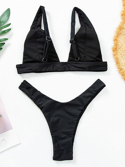 Solid Color Deep V-Neck Split Bikini Swimsuit