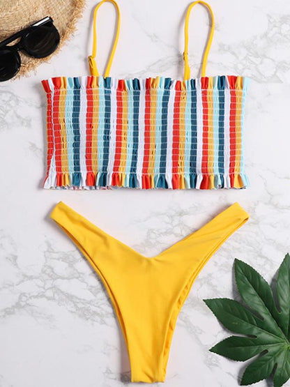 Striped Top Smocked Bikini Set