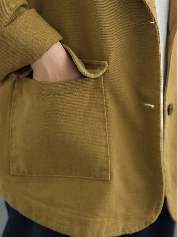 Simple Solid Color Buttoned Notched Collar Batwing Sleeve Outerwear