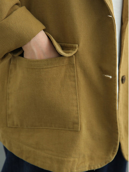 Simple Solid Color Buttoned Notched Collar Batwing Sleeve Outerwear