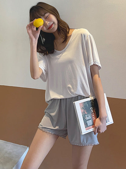 Simple Solid Color Split-Joint Lace Pajama Shorts