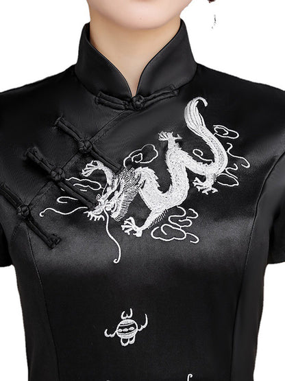 Original Dragon Embroidered Stand Collar Short Sleeves Long Cheongsams