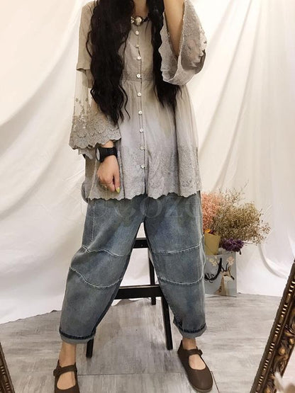 Retro Lace Embroidered Gauze Sleeves Shirt