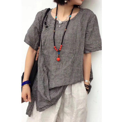 Cotton Linen Loose Vintage Frog Plaid Blouse