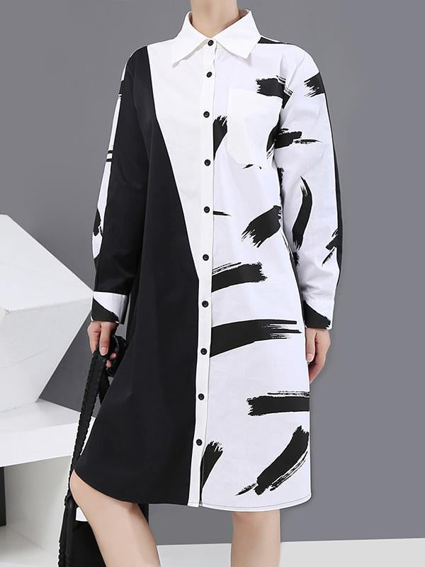 Long Split-Joint Lapel Printed Sleeve Midi Dress