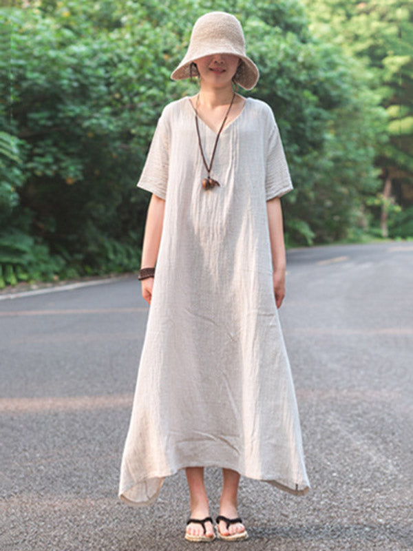 Simple Ramie Cotton V-Neck Short Sleeve Midi Dress