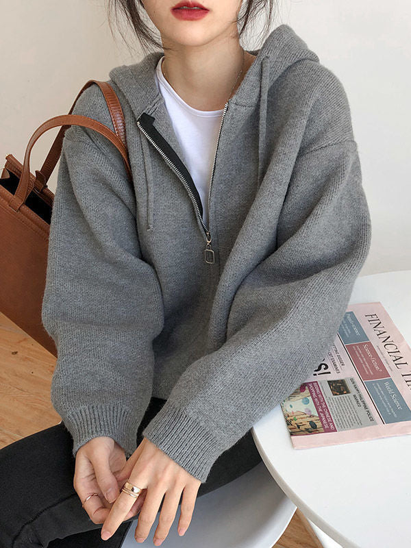 Fashion Solid Knitted Long Sleeves Hooded Outerwear