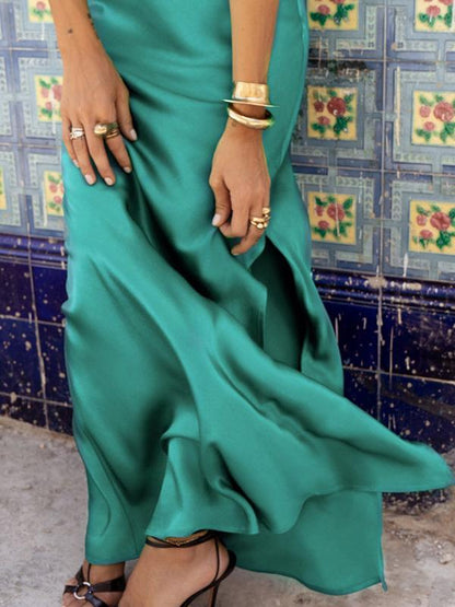 Sloid Color Spaghetti-neck Maxi Dress