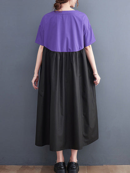 Original Loose Contrast Color Pleated Midi Dress