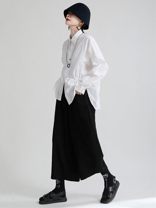 Original Irregular Solid Color Split-Joint Pleated Buttoned Lapel Collar Long Sleeves Blouse