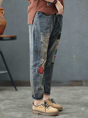 Vintage Embroidered Applique Elastic Waist Jean Pants