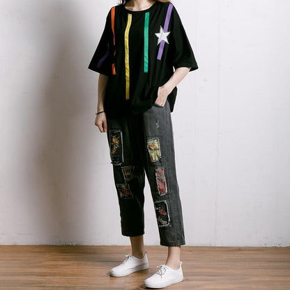 Embroidered Floral Patchwork Burr Women Jeans