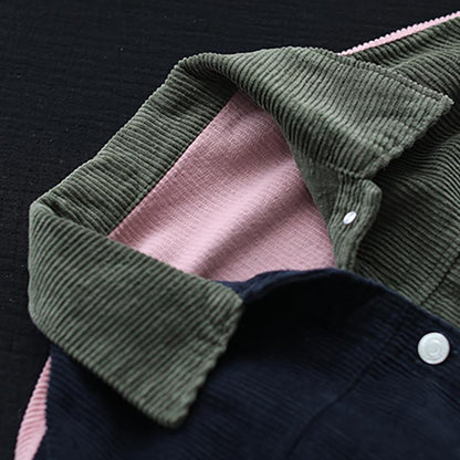 Buykud Turn-down Collar Contrast Color Retro Corduroy Coat