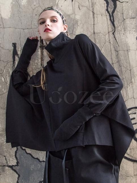 Black Batwing Sleeves High-neck Split-joint Sweatshirt