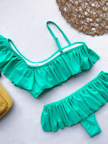 Ruffle Plain Strappy Bikini Swimsuit