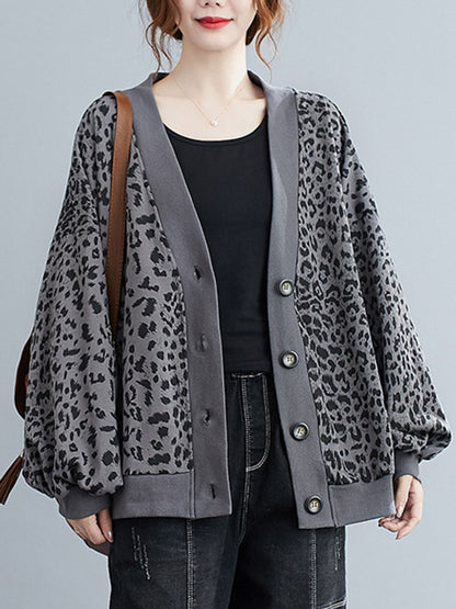 Original Leopard Buttoned V-Neck Long Sleeves Outwear