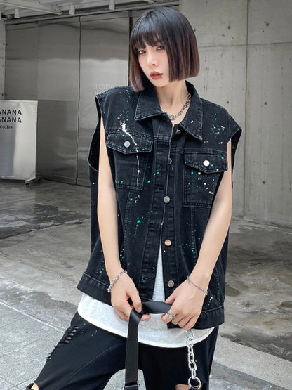 Original Denim Split-Joint With Pocket Splash Ink Buttoned Lapel Collar Sleeveless Vest Outwear
