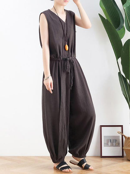 Original Solid Elasticity V-Meck Jumpsuits