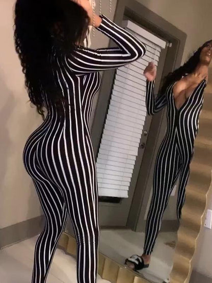 Striped V-neck Fitness Jumpsuits