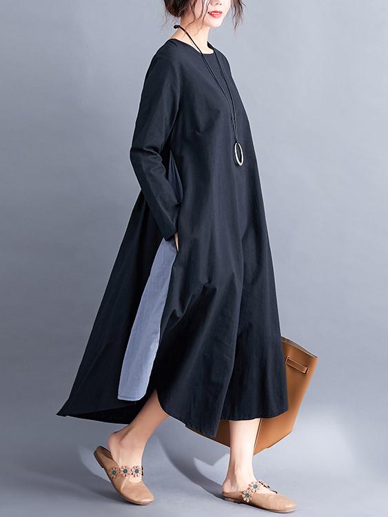 Loose Simple Black Split-joint Round-neck Long Dress
