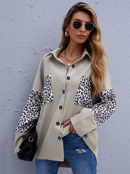 Casual Split-Joint Leopard Buttoned Lapel Collar Long Sleeves Blouse Outwear
