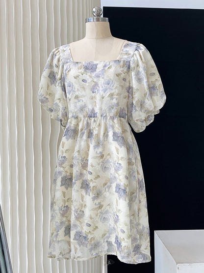 Original Floral Printed Square-Neck Puff Sleeve Mini Dress