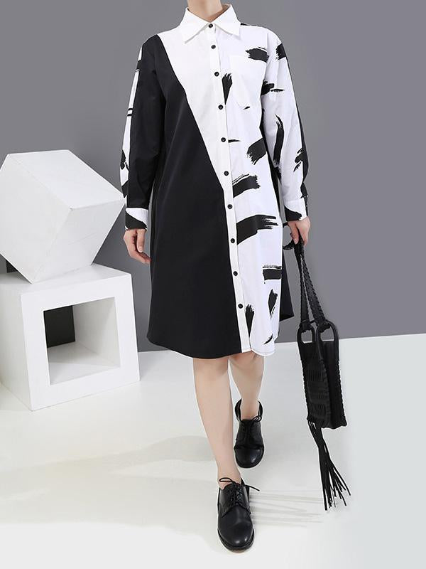Long Split-Joint Lapel Printed Sleeve Midi Dress