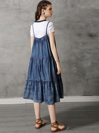 Vintage Denim Embroidery Braces Dress