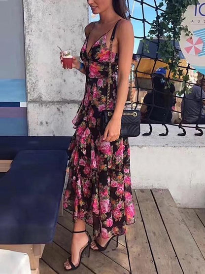 V-neck Irregular Bottom Floral Printed Midi Dress