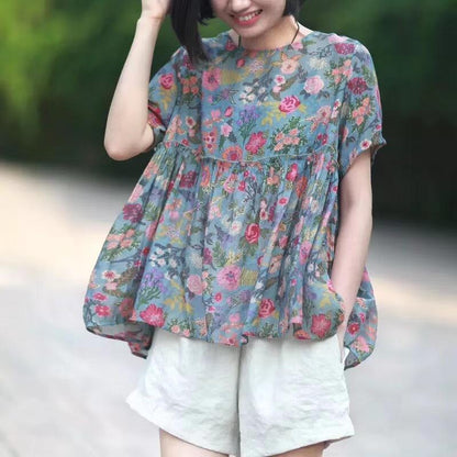 Floral Round Neck Short Sleeve Blouse