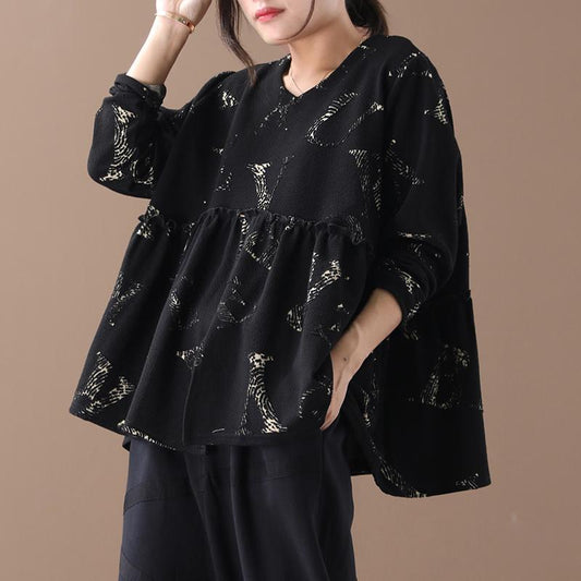 Buykud Agaric Lace Pleated Long Sleeve Loose Blouse