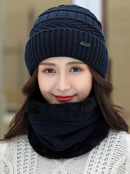 Winter Knitting Solid Color Keep Warm Scarf&Hat Two Pieces Set