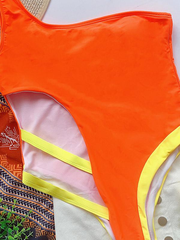 Contrast Color Split-Joint Asymmetric One-Shoulder One-Piece Swimwear