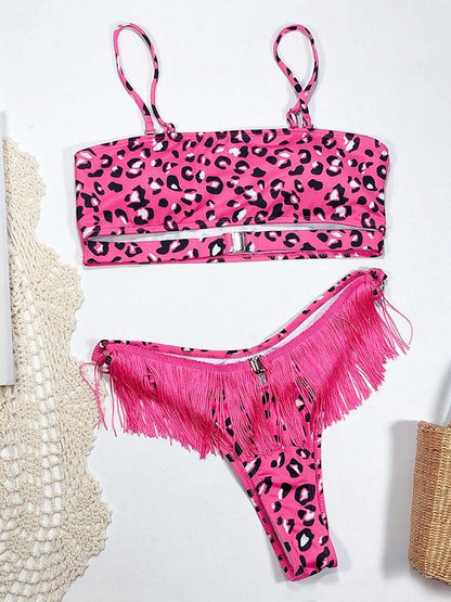 Strapless Tassels Leopard Print Bikini Swimsuit