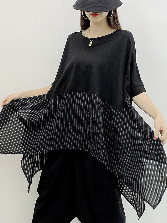 Stylish Cropped Split-Joint Striped Batwing Sleeves Split-Side T-Shirt