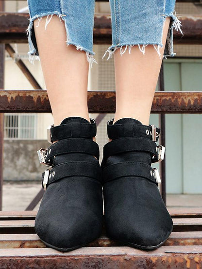 Vintage Hollow Buckle Pointed Booties