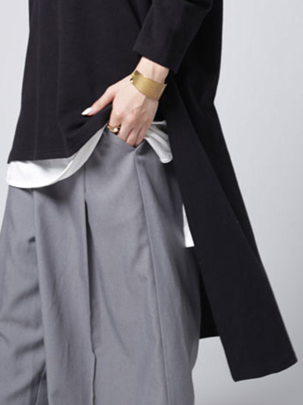 Casual Loose Solid Color Split-Side High-Low V-Neck Long Sleeves Sweatshirt